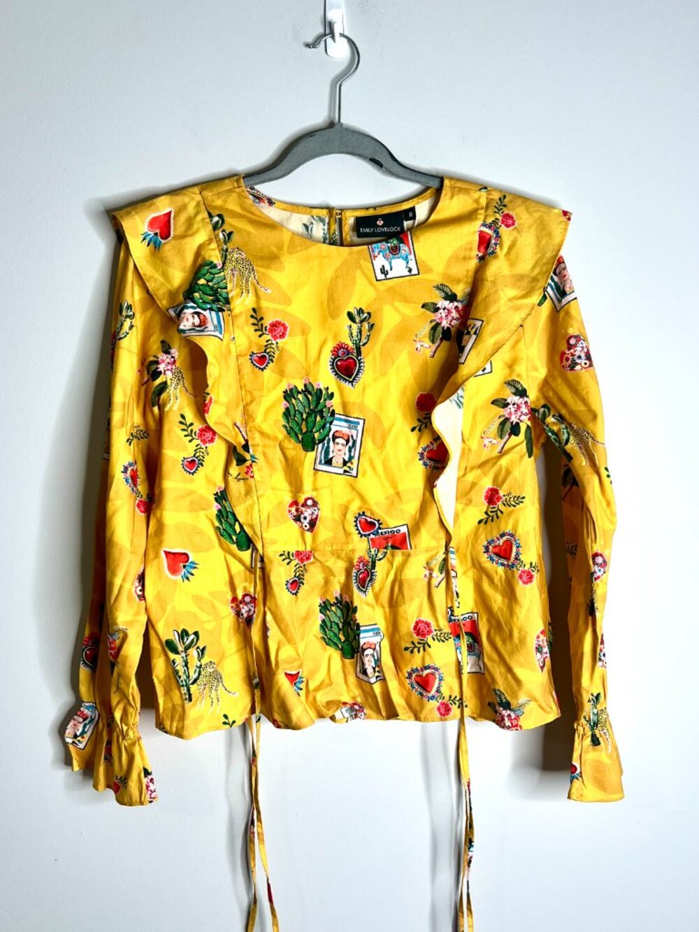 Emily Lovelock Frida Kahlo Printed Peplum Top Bright Yellow Boho Novelty 8 NWT